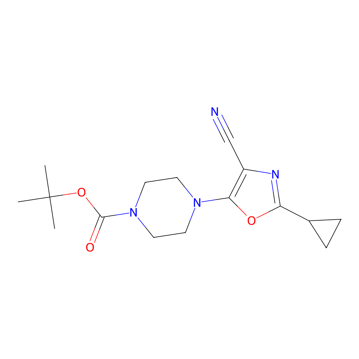 Tert-butyl 4-(4-cyano-2-cyclopropyl-1,3-oxazol-5-yl)piperazine-1-carboxylate molecular structure, CAS 2226618-78-4