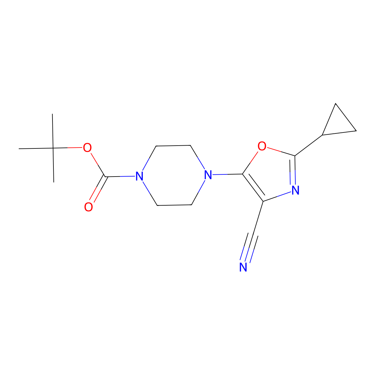 Tert-butyl 4-(4-cyano-2-cyclopropyl-1,3-oxazol-5-yl)piperazine-1-carboxylate molecular structure, CAS 2226618-78-4