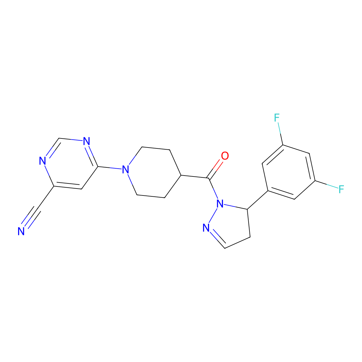 (S)-6-(4-(5-(3,5-difluorophenyl)-4,5-dihydro-1H-pyrazole-1-carbonyl)piperidin-1-yl)pyrimidine-4-carbonitrile molecular structure, CAS 2226735-55-1