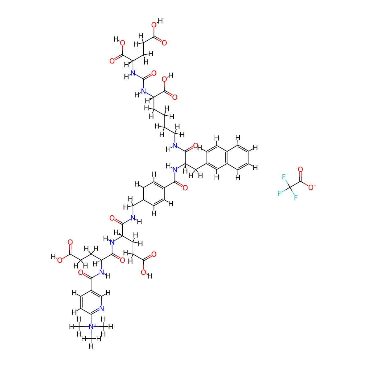 [5-[[(2S)-4-carboxy-1-[[(2S)-4-carboxy-1-[[4-[[(2S)-1-[[(5S)-5-carboxy-5-[[(1S)-1,3-dicarboxypropyl]carbamoylamino]pentyl]amino]-3-naphthalen-2-yl-1-oxopropan-2-yl]carbamoyl]phenyl]methylamino]-1-oxobutan-2-yl]amino]-1-oxobutan-2-yl]carbamoyl]-2-pyridinyl]-trimethylazanium;2,2,2-trifluoroacetate molecular structure, CAS 2226894-58-0