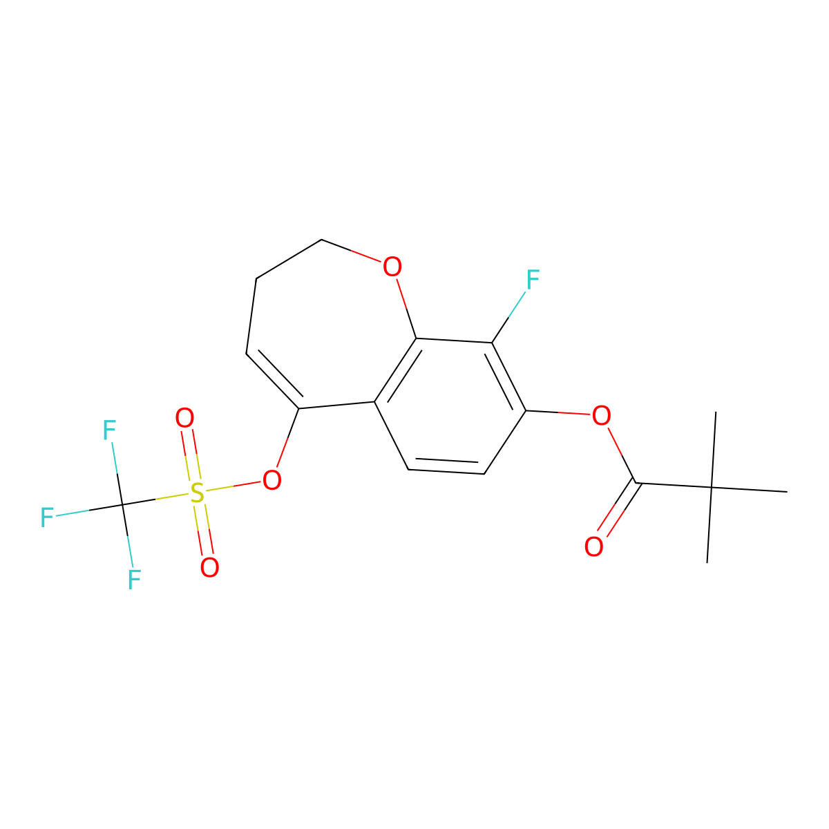 9-Fluoro-5-(((trifluoromethyl)sulfonyl)oxy)-2,3-dihydrobenzo[b]oxepin-8-yl pivalate molecular structure, CAS 2226905-26-4