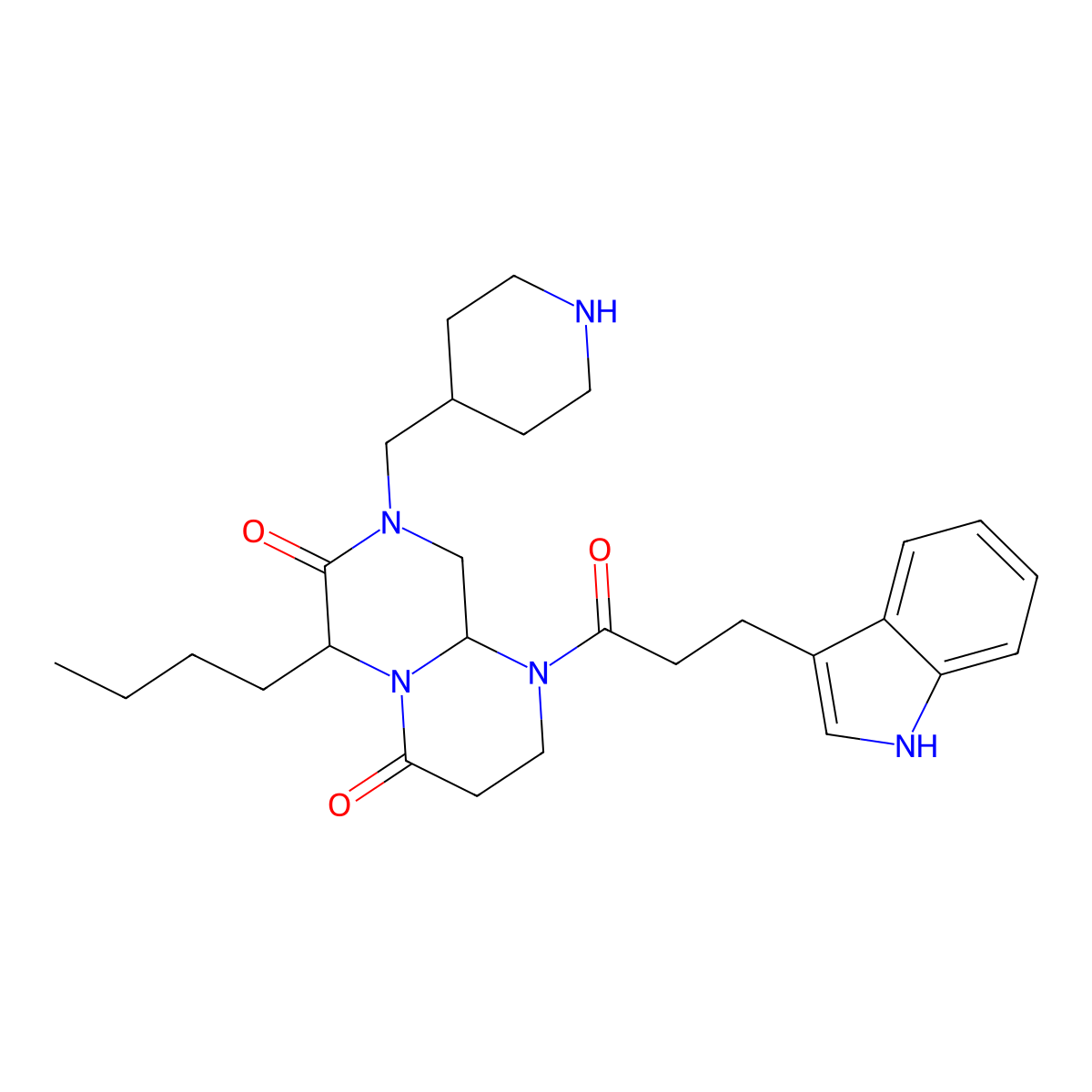 1-(3-(1H-Indol-3-yl)propanoyl)-6-butyl-8-(piperidin-4-ylmethyl)tetrahydro-1H-pyrazino[1,2-a]pyrimidine-4,7(6H,8H)-dione molecular structure, CAS 2227057-23-8