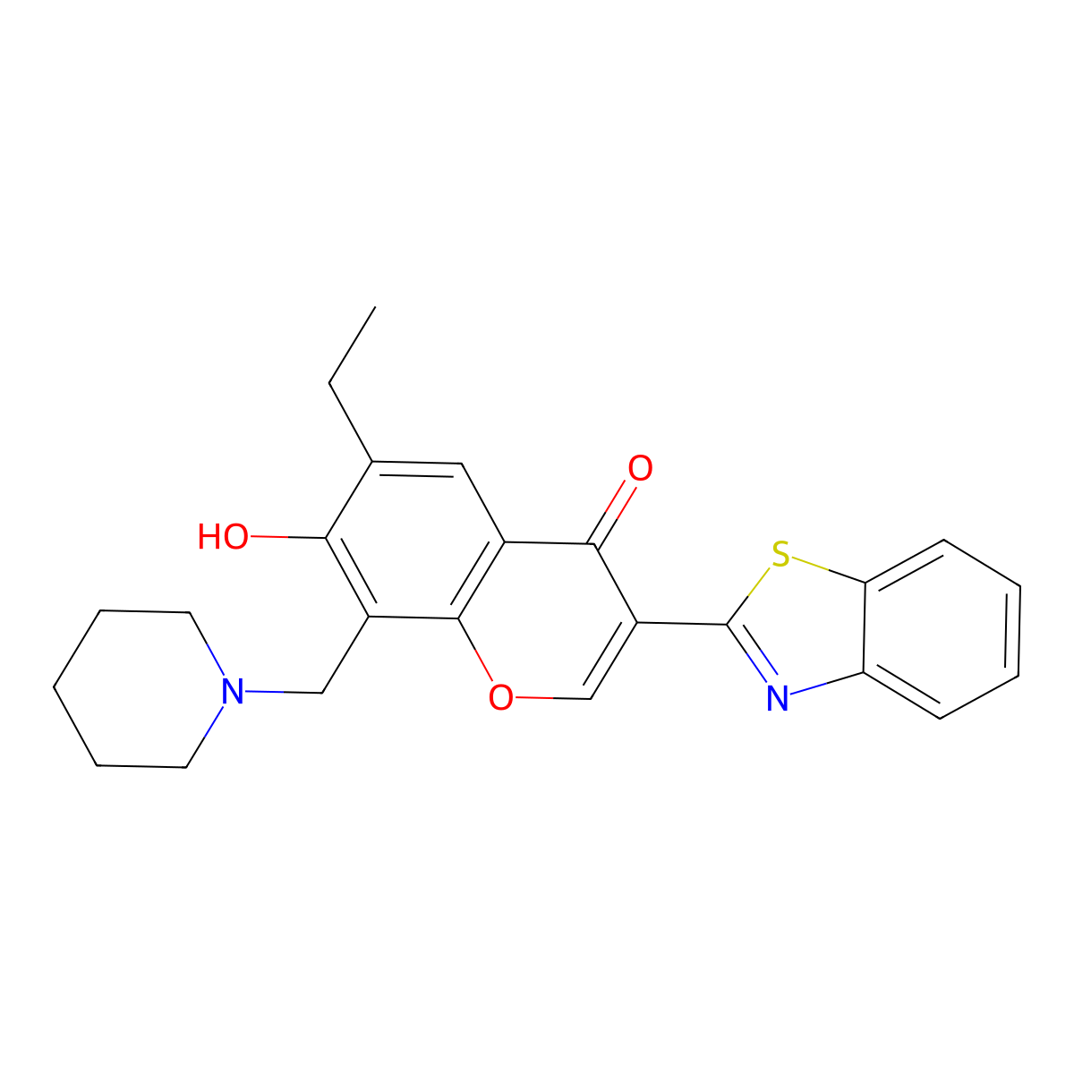 3-(1,3-benzothiazol-2-yl)-6-ethyl-7-hydroxy-8-((piperidin-1-yl)methyl)-4H-chromen-4-one molecular structure, CAS 222716-34-9