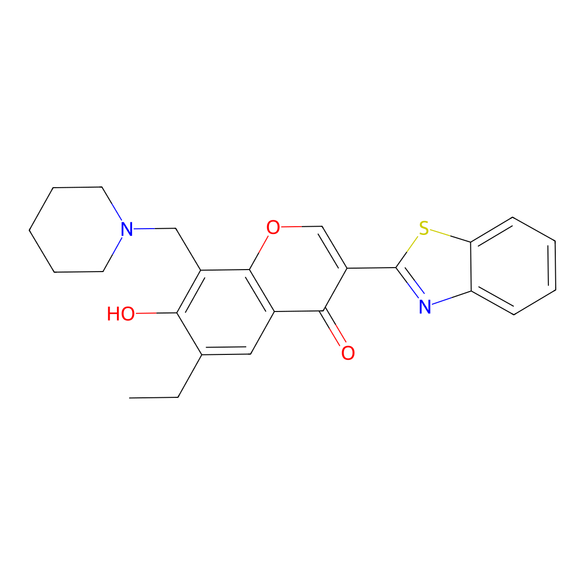 3-(1,3-benzothiazol-2-yl)-6-ethyl-7-hydroxy-8-((piperidin-1-yl)methyl)-4H-chromen-4-one molecular structure, CAS 222716-34-9