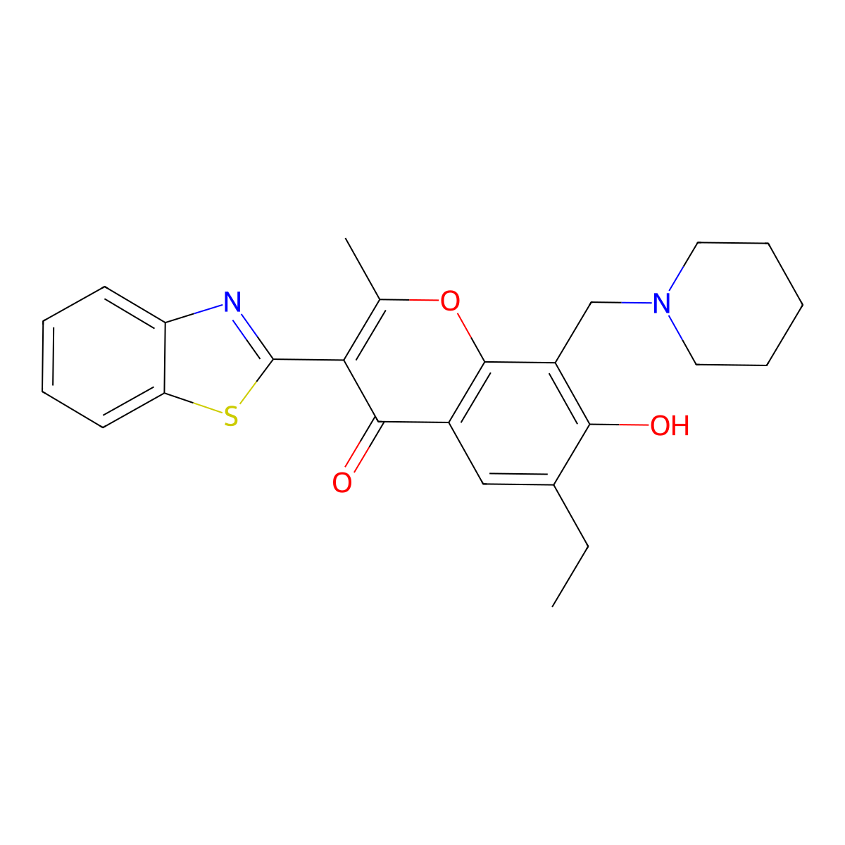 3-(1,3-benzothiazol-2-yl)-6-ethyl-7-hydroxy-2-methyl-8-(piperidin-1-ylmethyl)-4H-chromen-4-one molecular structure, CAS 222716-44-1