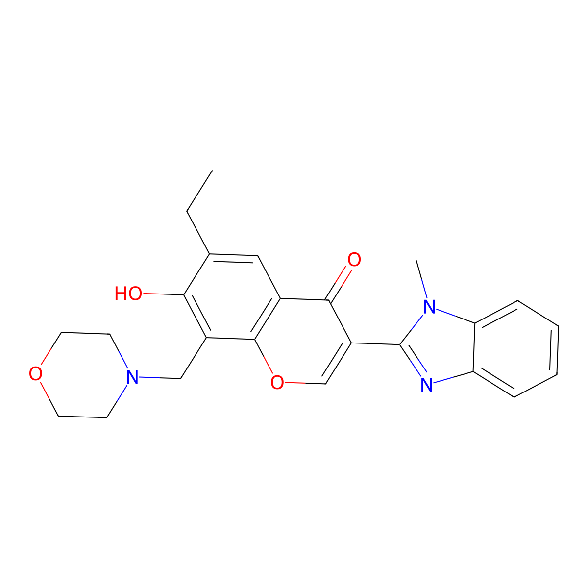 6-ethyl-7-hydroxy-3-(1-methyl-1H-benzimidazol-2-yl)-8-(morpholin-4-ylmethyl)-4H-chromen-4-one molecular structure, CAS 222716-47-4