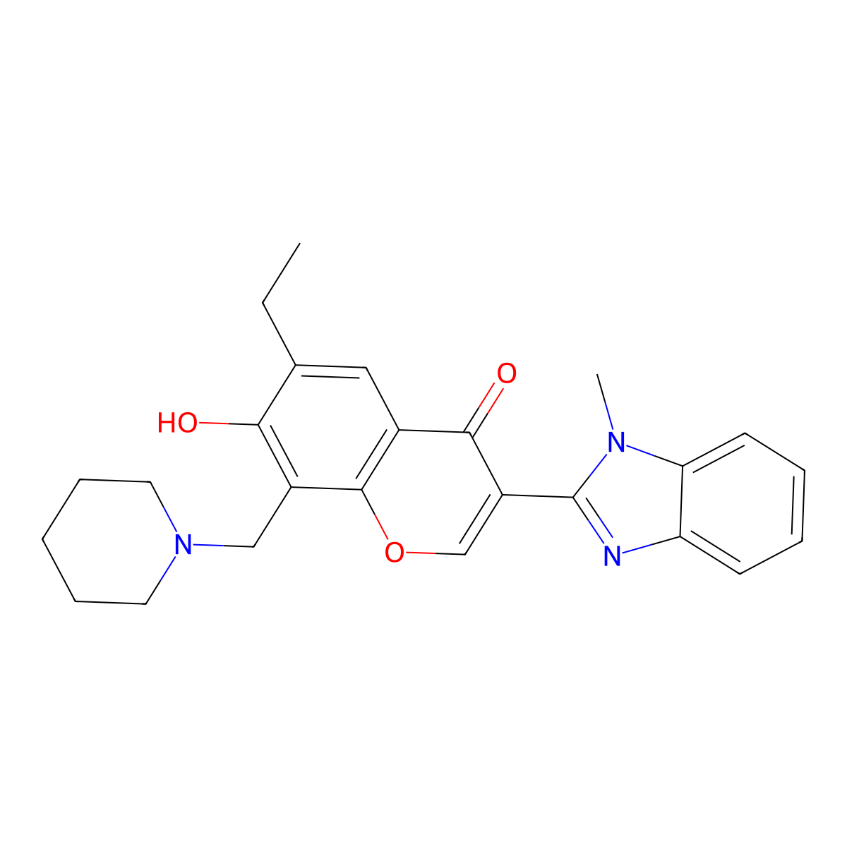 6-ethyl-7-hydroxy-3-(1-methyl-1H-benzimidazol-2-yl)-8-(piperidin-1-ylmethyl)-4H-chromen-4-one molecular structure, CAS 222716-48-5