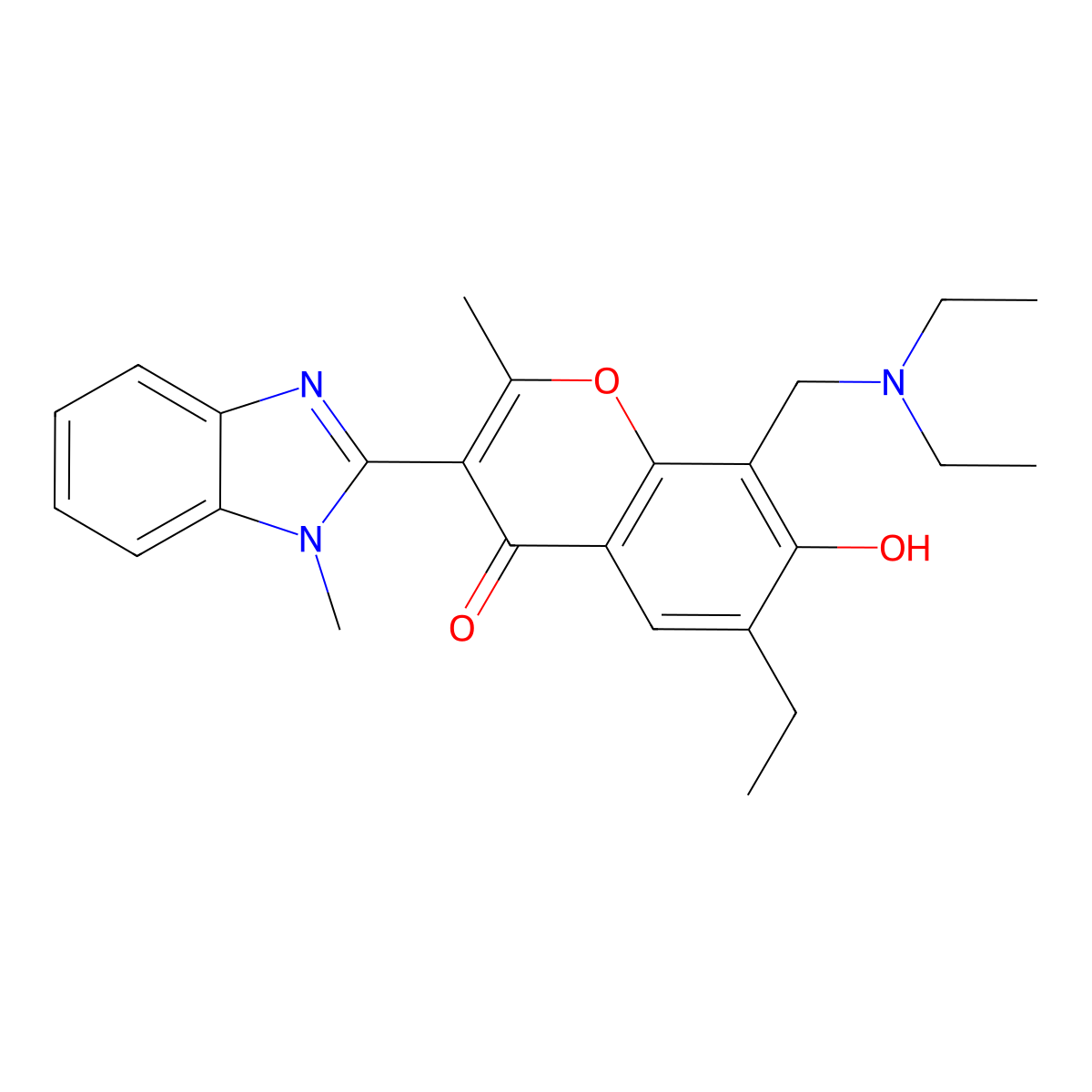 8-((diethylamino)methyl)-6-ethyl-7-hydroxy-2-methyl-3-(1-methyl-1H-benzo[d]imidazol-2-yl)-4H-chromen-4-one molecular structure, CAS 222716-49-6