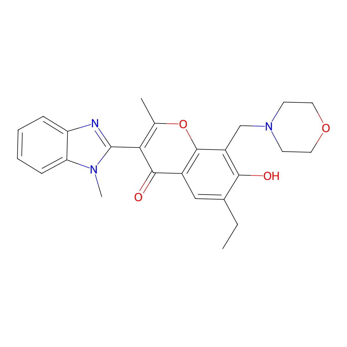 6-ethyl-7-hydroxy-2-methyl-3-(1-methyl-1H-benzo[d]imidazol-2-yl)-8-(morpholinomethyl)-4H-chromen-4-one molecular structure, CAS 222716-51-0