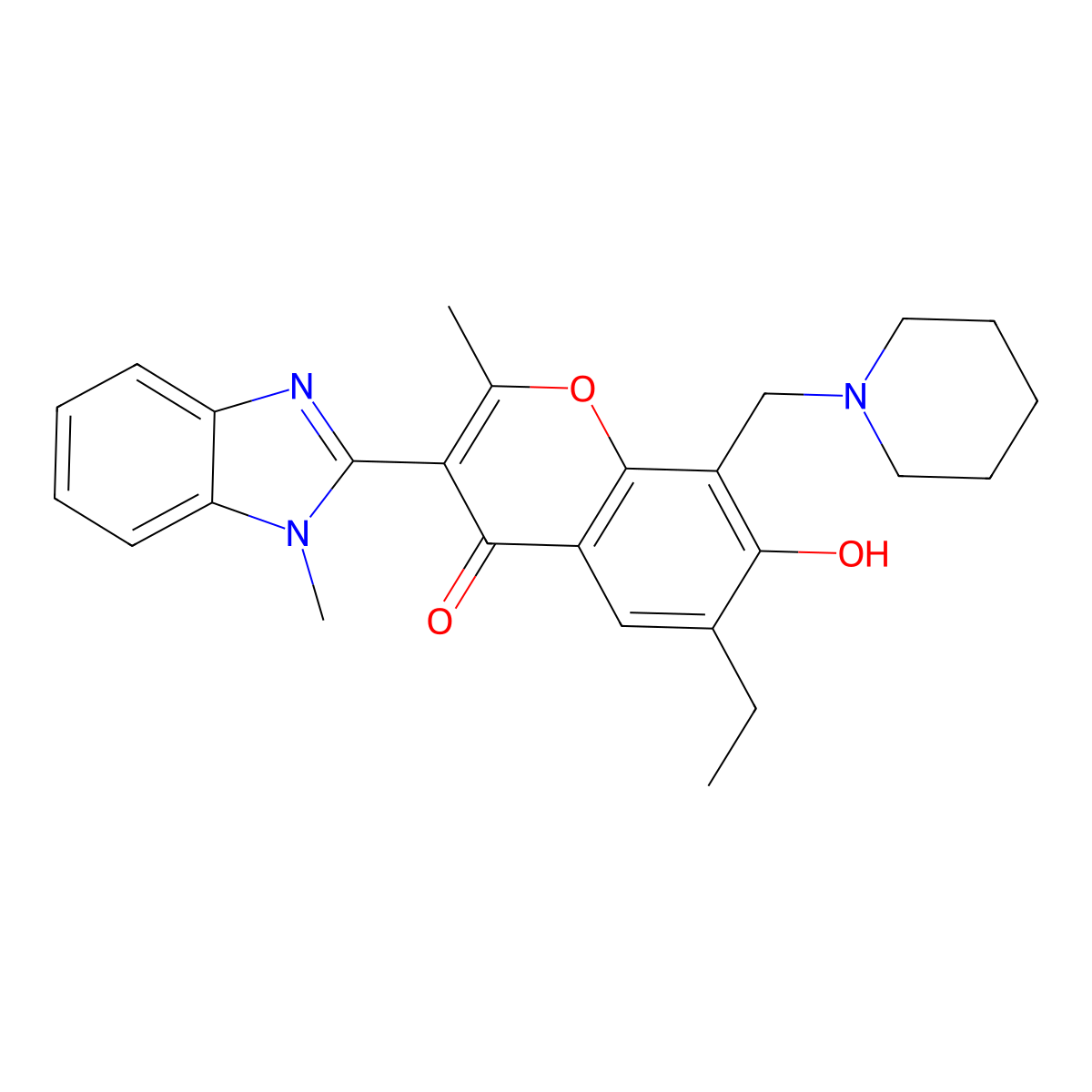 6-ethyl-7-hydroxy-2-methyl-3-(1-methyl-1H-benzo[d]imidazol-2-yl)-8-(piperidin-1-ylmethyl)-4H-chromen-4-one molecular structure, CAS 222716-52-1