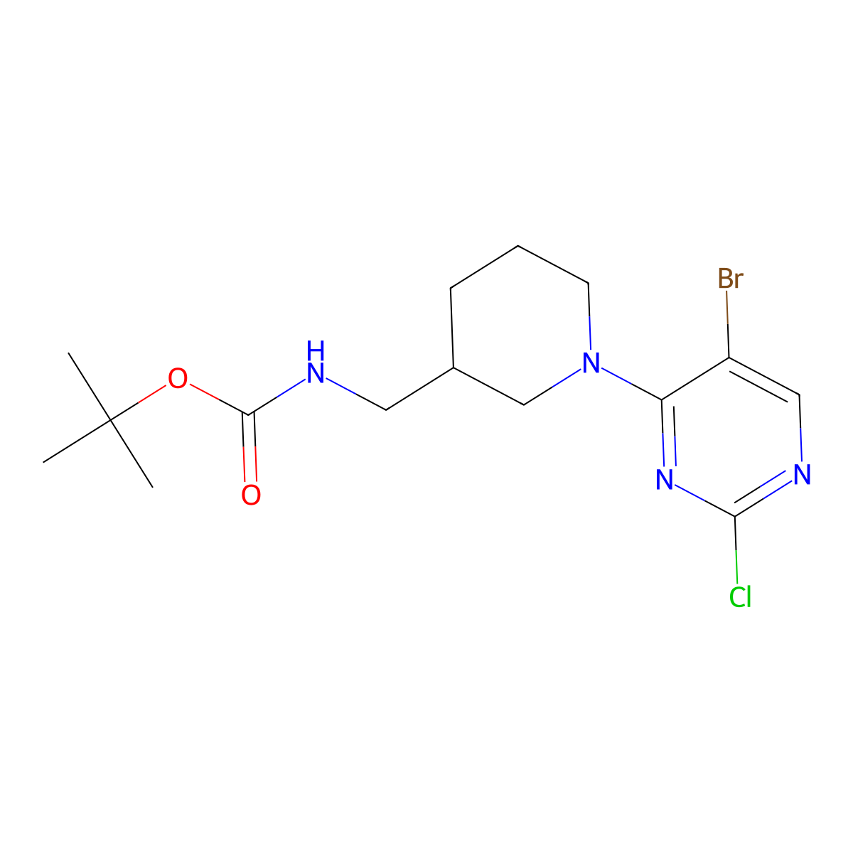 tert-butyl N-{[(3R)-1-(5-Bromo-2-chloropyrimidin-4-yl)piperidin-3-yl]methyl}carbamate molecular structure, CAS 2227197-43-3