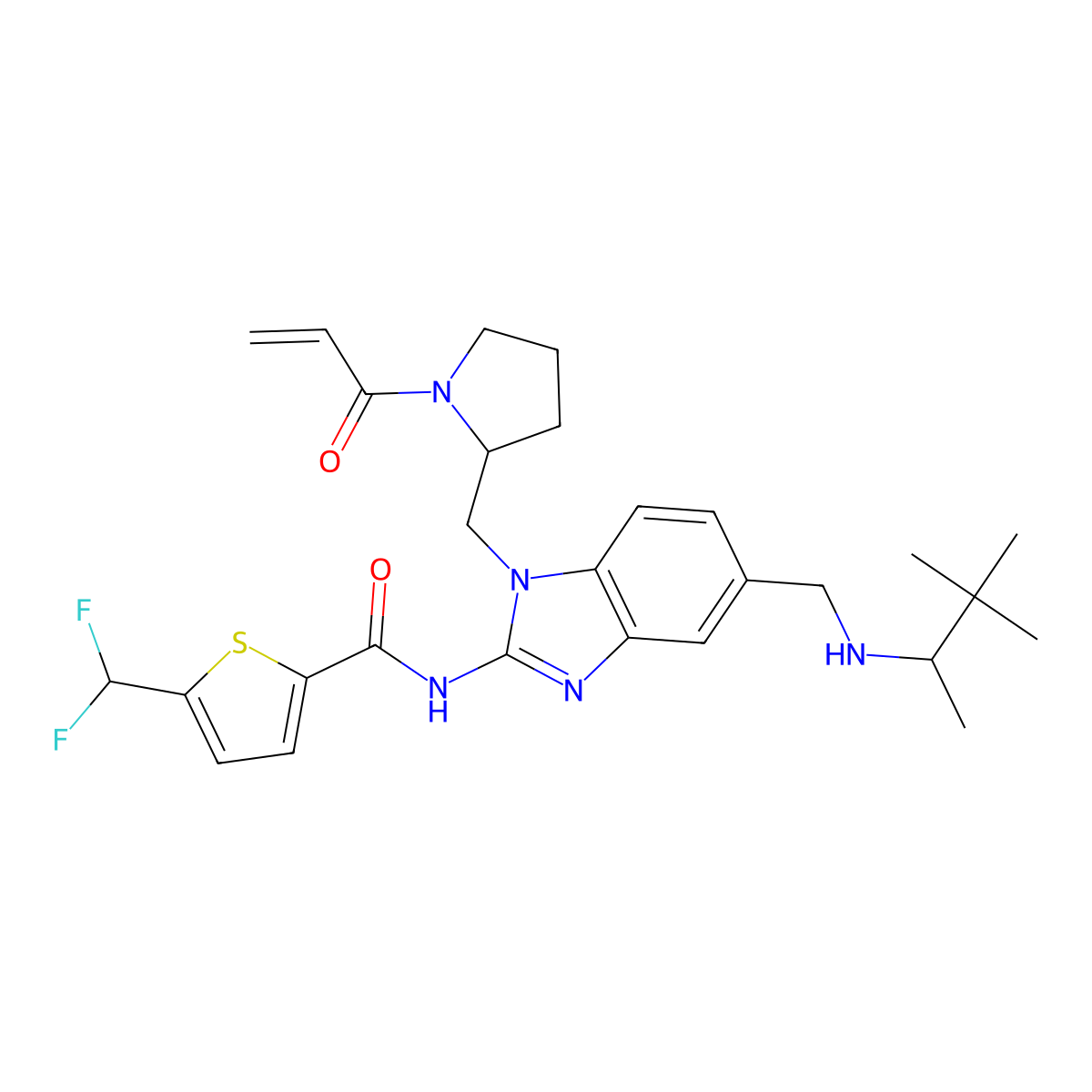 5-(difluoromethyl)-N-[5-({[(2S)-3,3-dimethylbutan-2-yl]amino}methyl)-1-{[(2S)-1-(prop-2-enoyl)pyrrolidin-2-yl]methyl}-1H-1,3-benzodiazol-2-yl]thiophene-2-carboxamide molecular structure, CAS 2227198-84-5