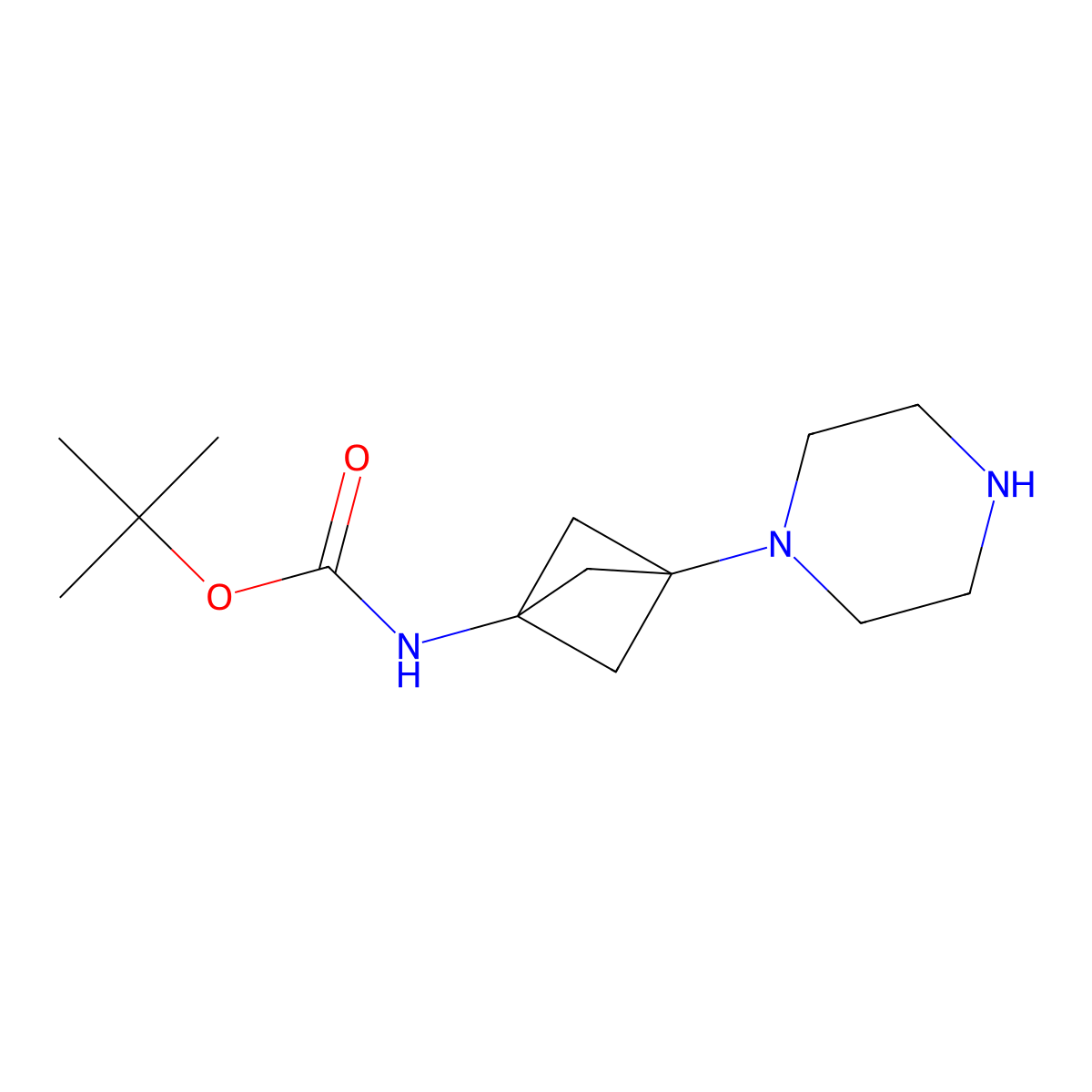 tert-Butyl (3-(piperazin-1-yl)bicyclo[1.1.1]pentan-1-yl)carbamate molecular structure, CAS 2227205-14-1