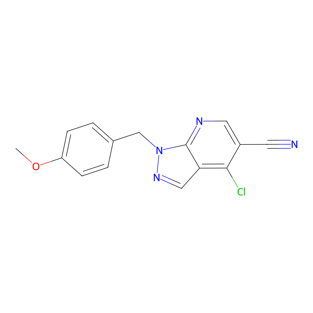 4-chloro-1-[(4-methoxyphenyl)methyl]-1H-pyrazolo[3,4-b]pyridine-5-carbonitrile molecular structure, CAS 2227205-96-9