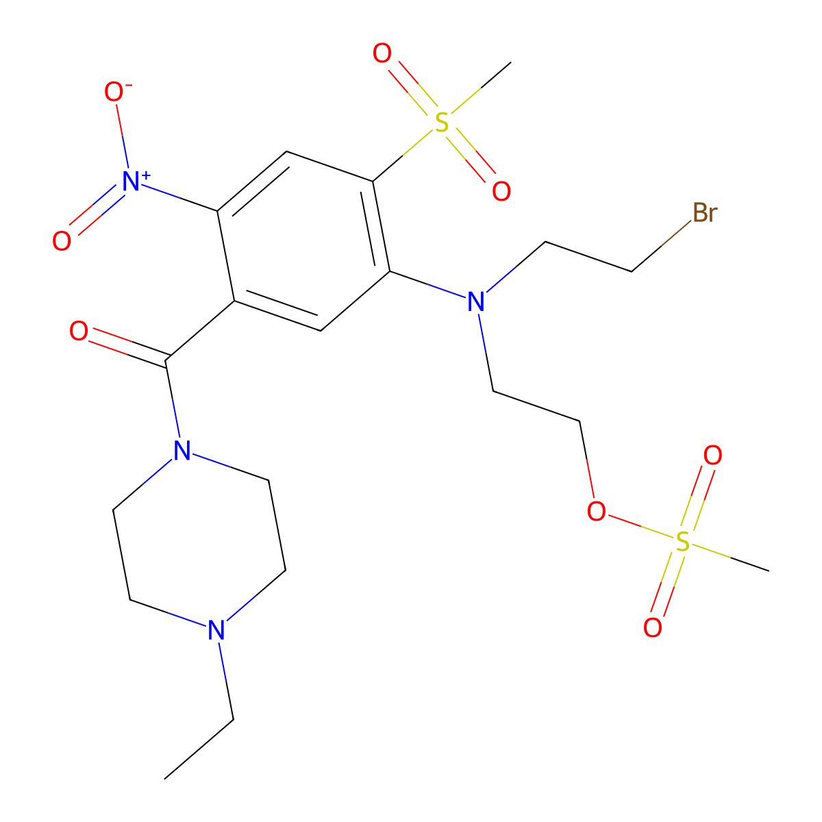 (5-((2-Bromoethyl)(2-((methylsulfonyl)oxy)ethyl)amino)-4-(methylsulfonyl)-2-nitrophenyl)(4-ethyl-1-piperazinyl)methanone molecular structure, CAS 2227303-52-6
