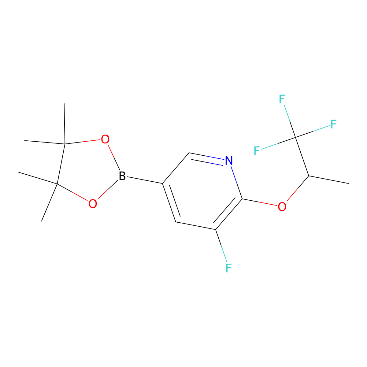 3-Fluoro-5-(4,4,5,5-tetramethyl-1,3,2-dioxaborolan-2-yl)-2-(2,2,2-trifluoro-1-methyl-ethoxy)pyridine molecular structure, CAS 2227365-57-1