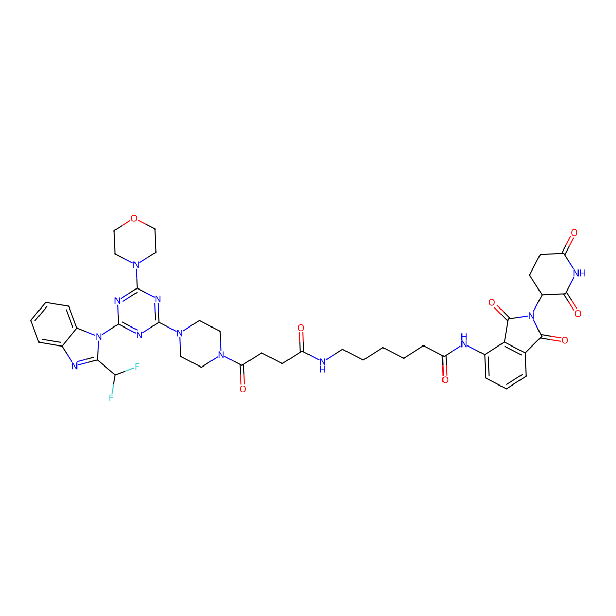 6-[4-(4-{4-[2-(difluoromethyl)-1H-1,3-benzodiazol-1-yl]-6-(morpholin-4-yl)-1,3,5-triazin-2-yl}piperazin-1-yl)-4-oxobutanamido]-N-[2-(2,6-dioxopiperidin-3-yl)-1,3-dioxo-2,3-dihydro-1H-isoindol-4-yl]hexanamide molecular structure, CAS 2227423-34-7