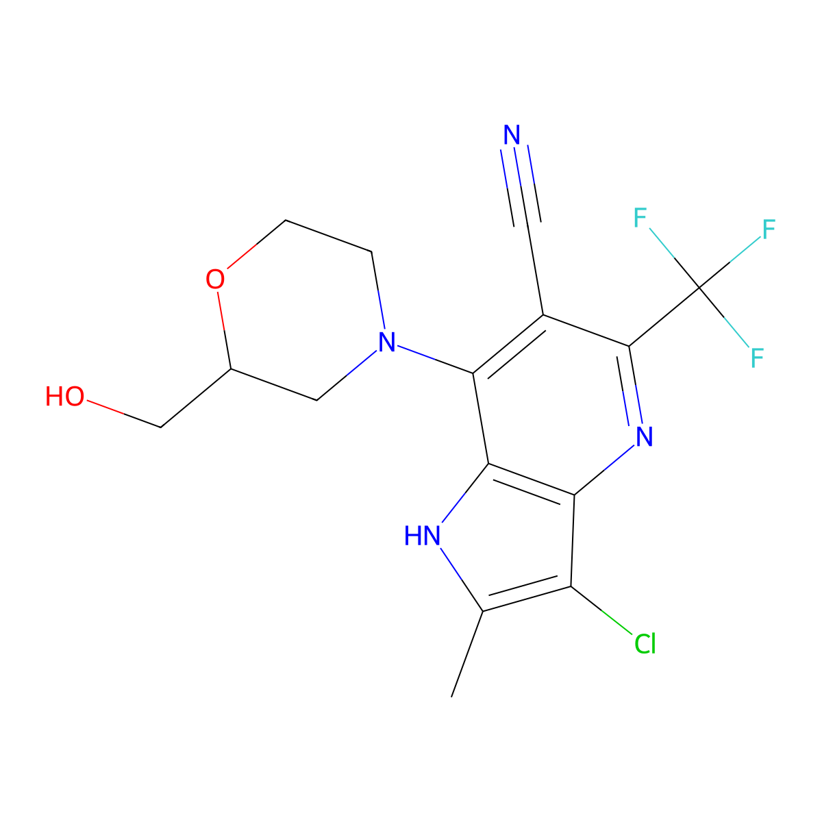 (s)-3-Chloro-7-(2-(hydroxymethyl)morpholino)-2-methyl-5-(trifluoromethyl)-1h-pyrrolo[3,2-b]pyridine-6-carbonitrile molecular structure, CAS 2227425-05-8