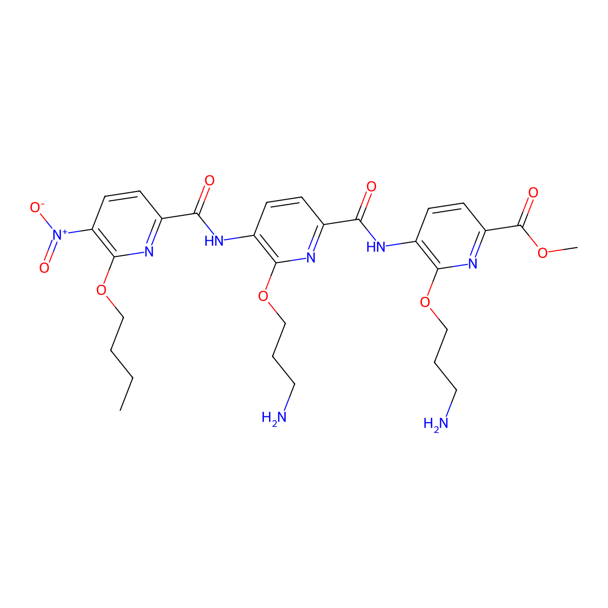 Methyl 6-(3-aminopropoxy)-5-[[6-(3-aminopropoxy)-5-[(6-butoxy-5-nitropyridine-2-carbonyl)amino]pyridine-2-carbonyl]amino]pyridine-2-carboxylate molecular structure, CAS 2227429-65-2