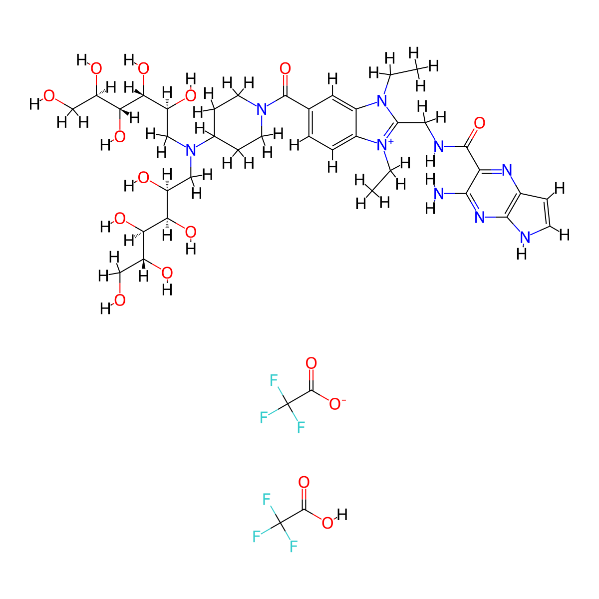 3-amino-N-[[5-[4-[bis[(2S,3R,4R,5R)-2,3,4,5,6-pentahydroxyhexyl]amino]piperidine-1-carbonyl]-1,3-diethylbenzimidazol-1-ium-2-yl]methyl]-5H-pyrrolo[2,3-b]pyrazine-2-carboxamide;2,2,2-trifluoroacetate;2,2,2-trifluoroacetic acid molecular structure, CAS 2227484-71-9