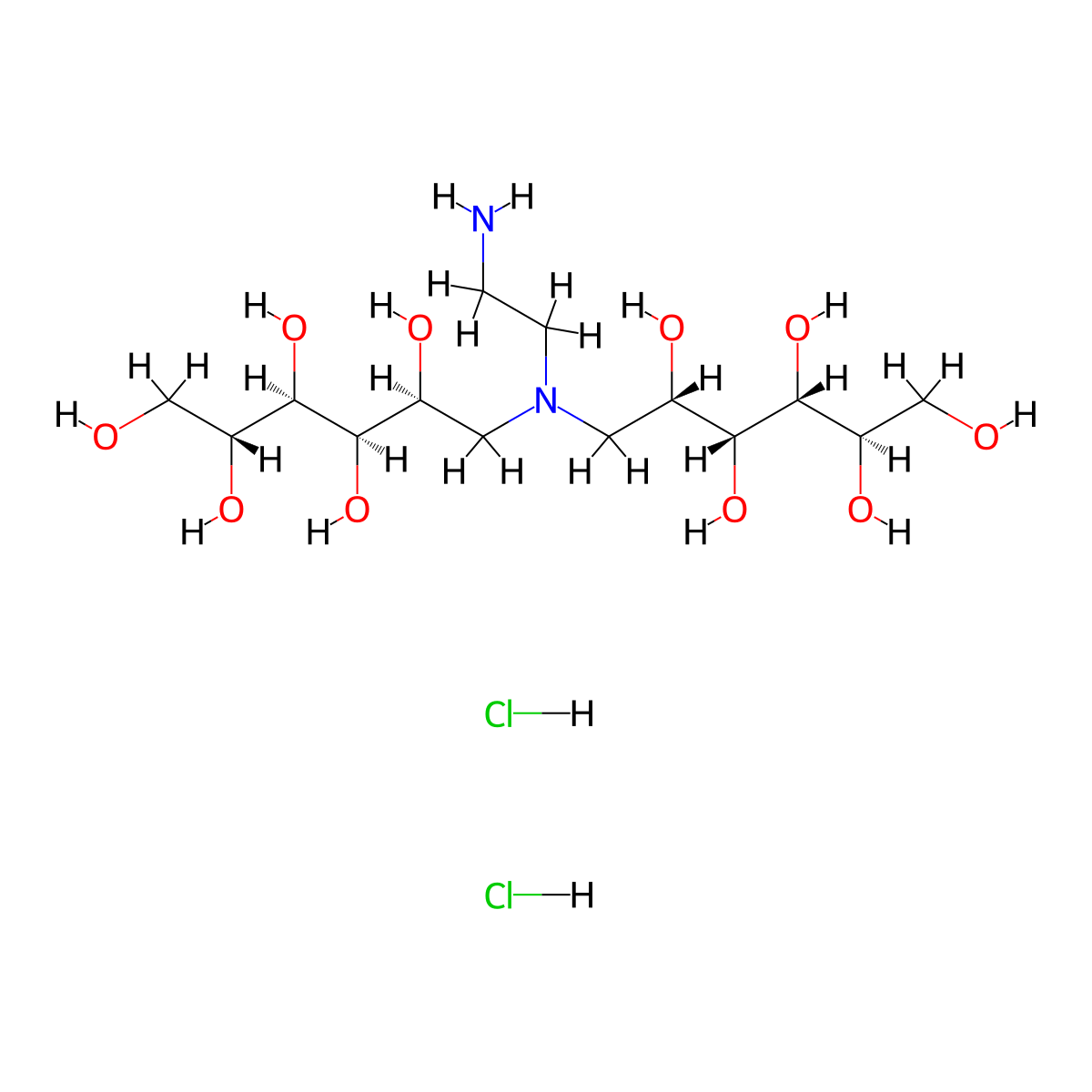 (2R,2'R,3R,3'R,4R,4'R,5S,5'S)-6,6'-((2-Aminoethyl)azanediyl)bis(hexane-1,2,3,4,5-pentaol) dihydrochloride molecular structure, CAS 2227486-62-4