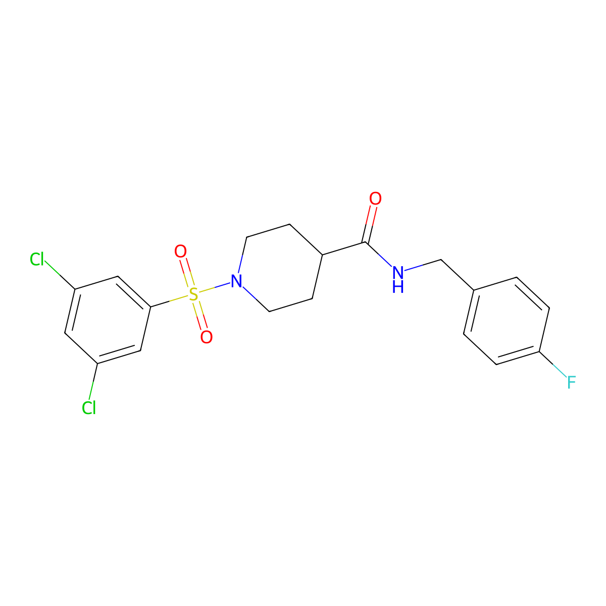1-((3,5-Dichlorophenyl)sulfonyl)-N-(4-fluorobenzyl)piperidine-4-carboxamide molecular structure, CAS 2227549-00-8
