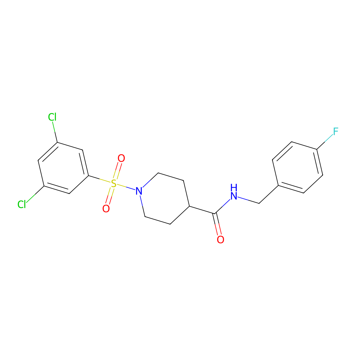 1-((3,5-Dichlorophenyl)sulfonyl)-N-(4-fluorobenzyl)piperidine-4-carboxamide molecular structure, CAS 2227549-00-8