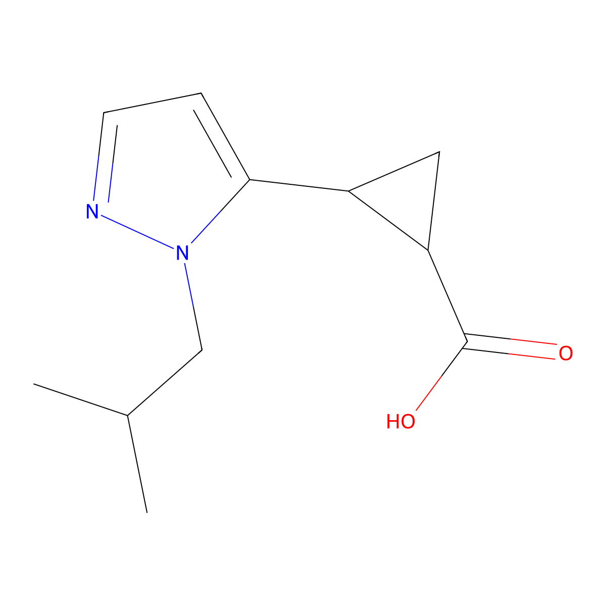 rac-(1R,2R)-2-[1-(2-methylpropyl)-1H-pyrazol-5-yl]cyclopropane-1-carboxylic acid, trans molecular structure, CAS 2227649-04-7