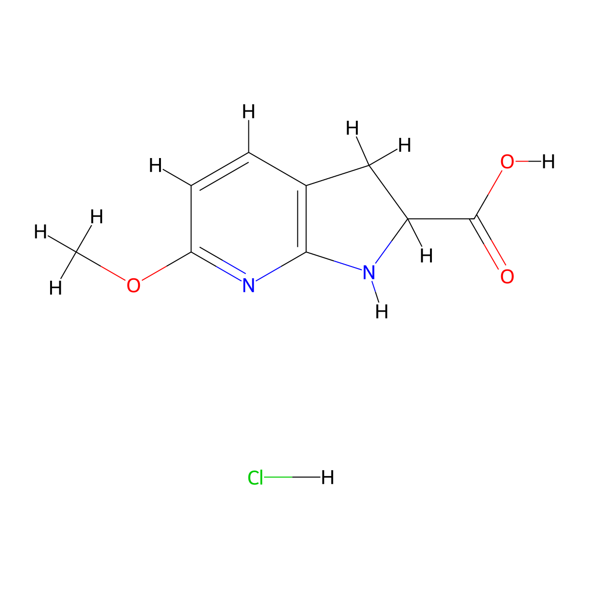 6-methoxy-1H,2H,3H-pyrrolo(2,3-b)pyridine-2-carboxylic acid hydrochloride molecular structure, CAS 2228096-37-3