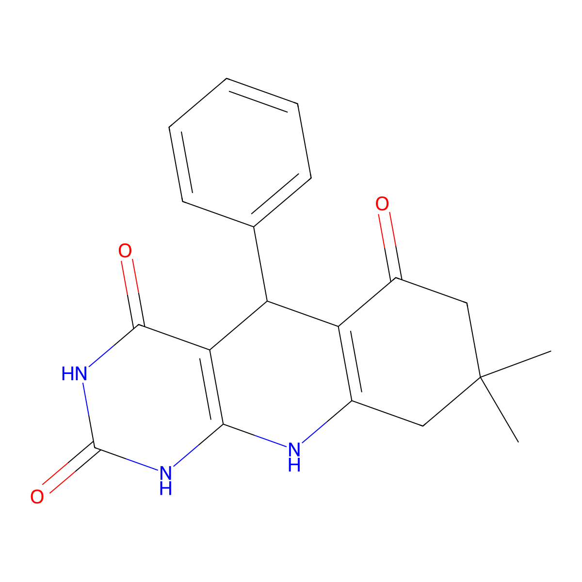 8,8-dimethyl-5-phenyl-5,8,9,10-tetrahydropyrimido[4,5-b]quinoline-2,4,6(1H,3H,7H)-trione molecular structure, CAS 22281-25-0