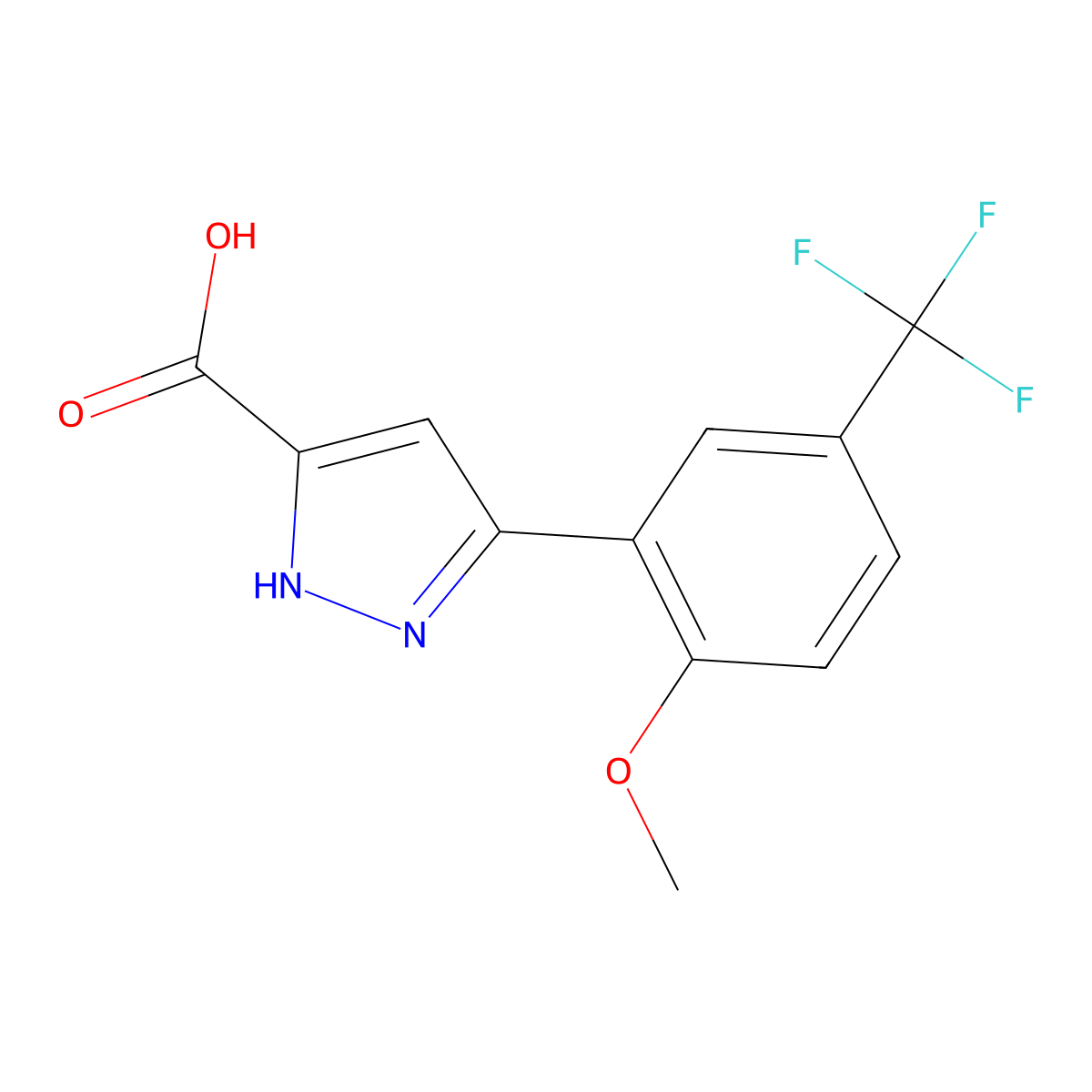 5-[2-methoxy-5-(trifluoromethyl)phenyl]-1H-pyrazole-3-carboxylic acid molecular structure, CAS 2228115-35-1
