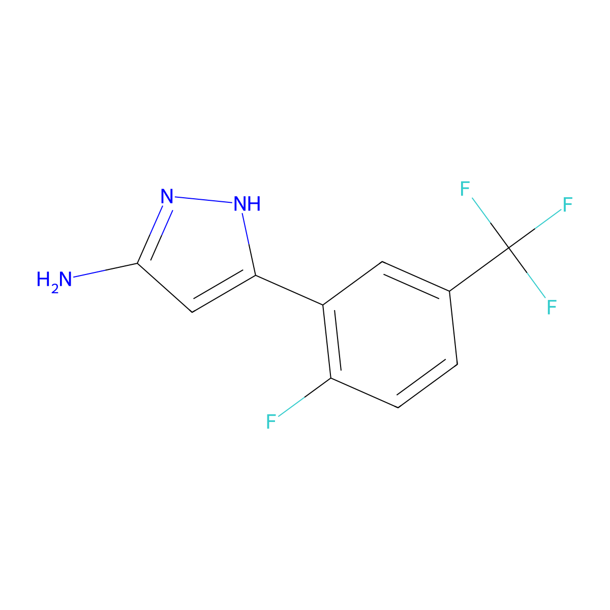 5-[2-fluoro-5-(trifluoromethyl)phenyl]-1H-pyrazol-3-amine molecular structure, CAS 2228121-10-4
