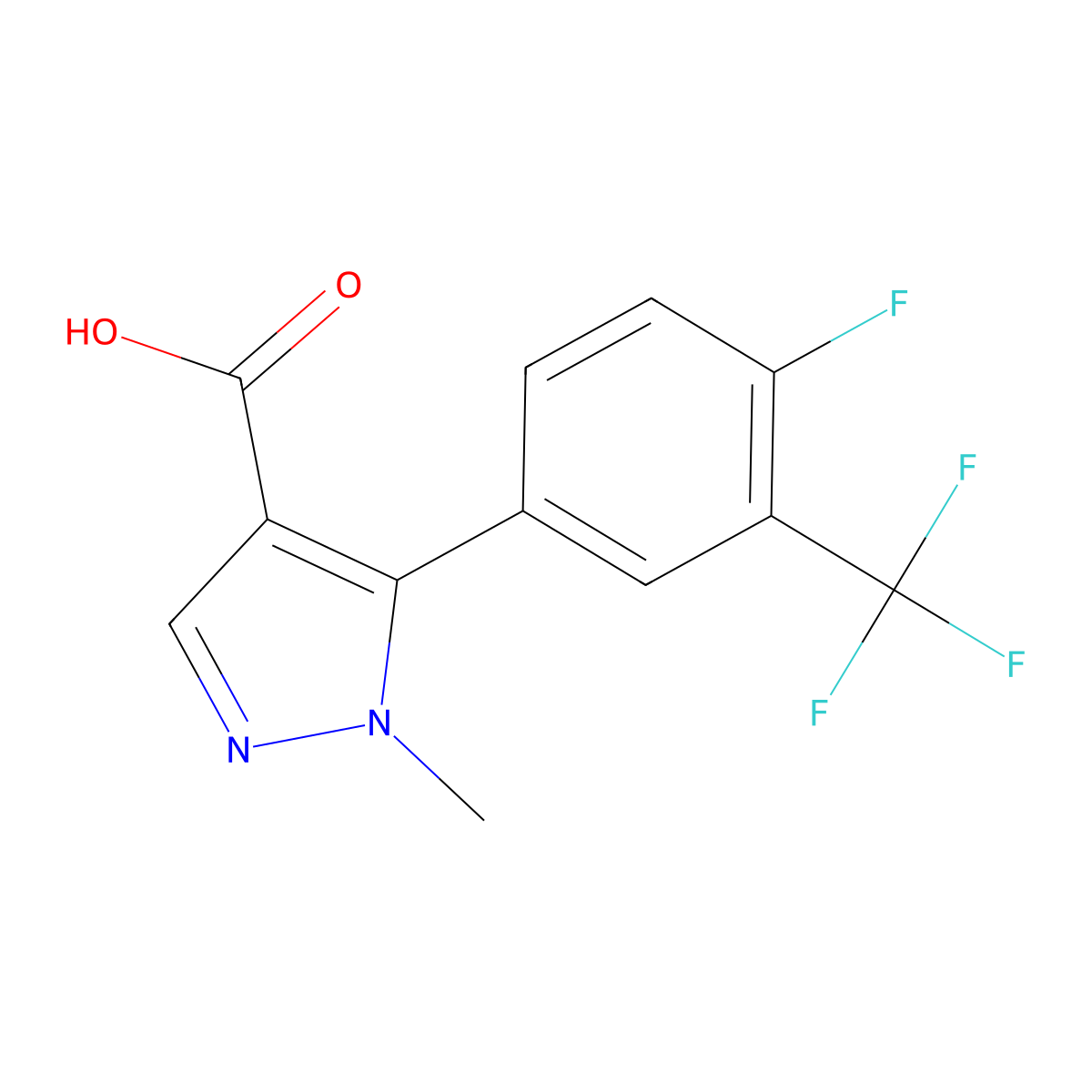 5-[4-fluoro-3-(trifluoromethyl)phenyl]-1-methyl-1H-pyrazole-4-carboxylic acid molecular structure, CAS 2228134-25-4
