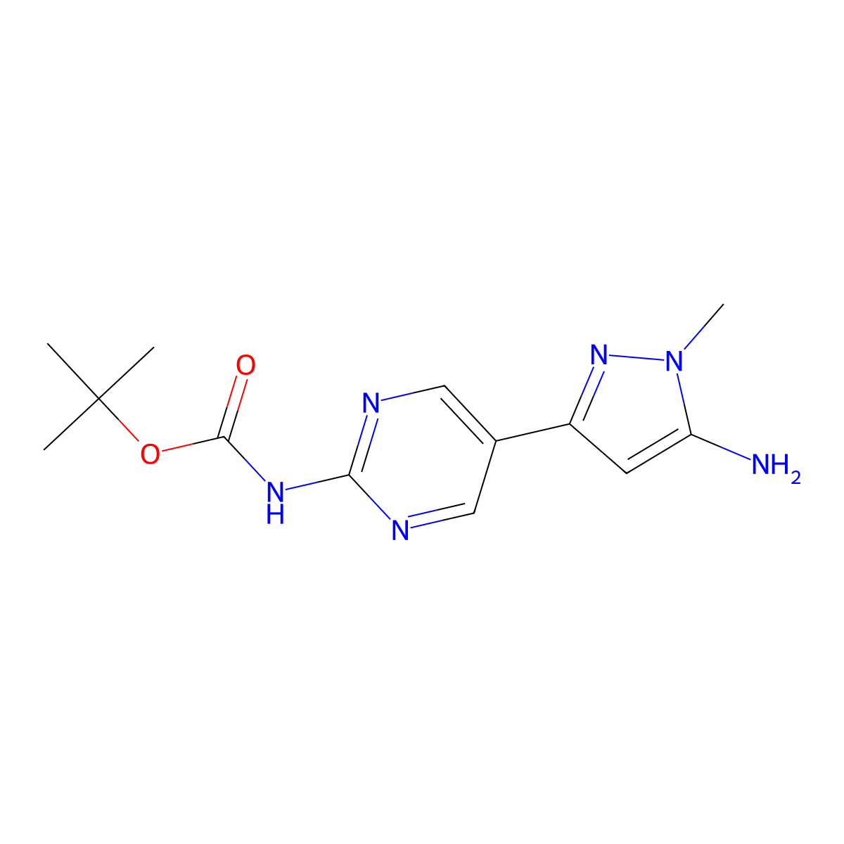 tert-butyl N-[5-(5-amino-1-methyl-1H-pyrazol-3-yl)pyrimidin-2-yl]carbamate molecular structure, CAS 2228134-53-8