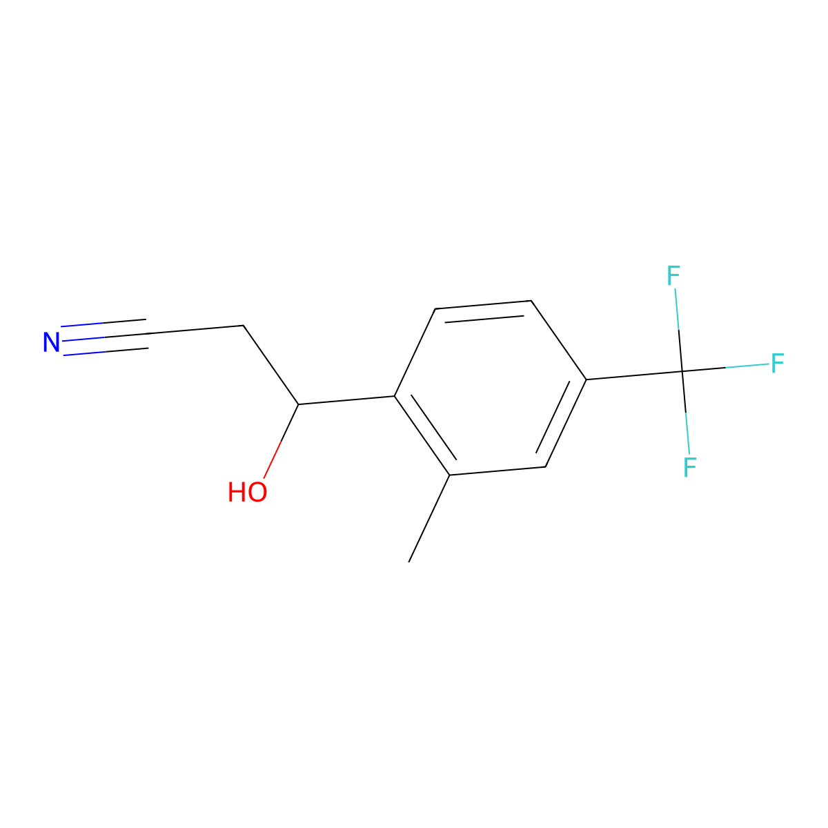 3-Hydroxy-3-[2-methyl-4-(trifluoromethyl)phenyl]propanenitrile molecular structure, CAS 2228140-07-4