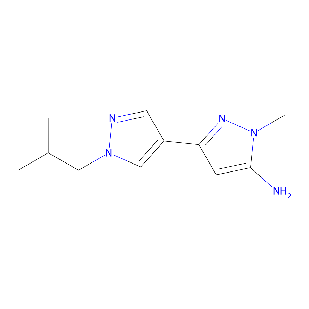 1-methyl-3-[1-(2-methylpropyl)-1H-pyrazol-4-yl]-1H-pyrazol-5-amine molecular structure, CAS 2228182-25-8