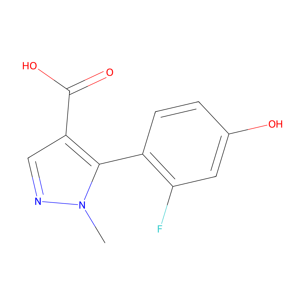5-(2-fluoro-4-hydroxyphenyl)-1-methyl-1H-pyrazole-4-carboxylic acid molecular structure, CAS 2228217-26-1