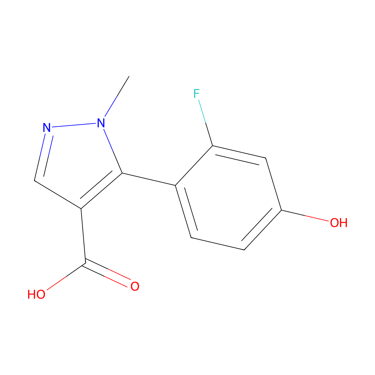 5-(2-fluoro-4-hydroxyphenyl)-1-methyl-1H-pyrazole-4-carboxylic acid molecular structure, CAS 2228217-26-1
