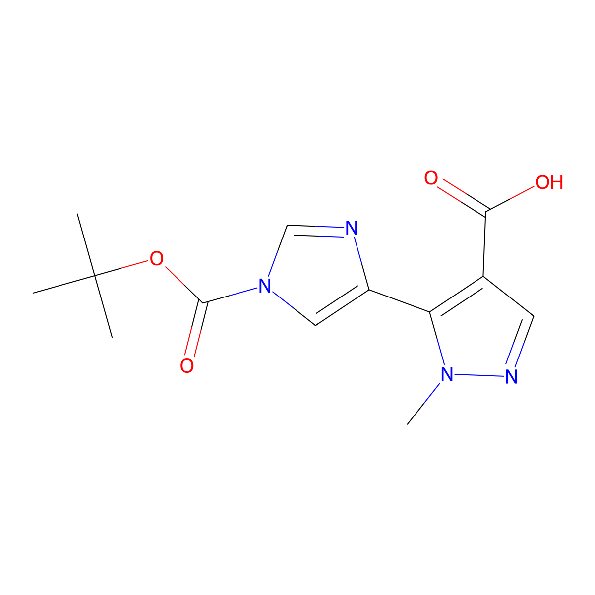 5-{1-[(tert-butoxy)carbonyl]-1H-imidazol-4-yl}-1-methyl-1H-pyrazole-4-carboxylic acid molecular structure, CAS 2228219-55-2