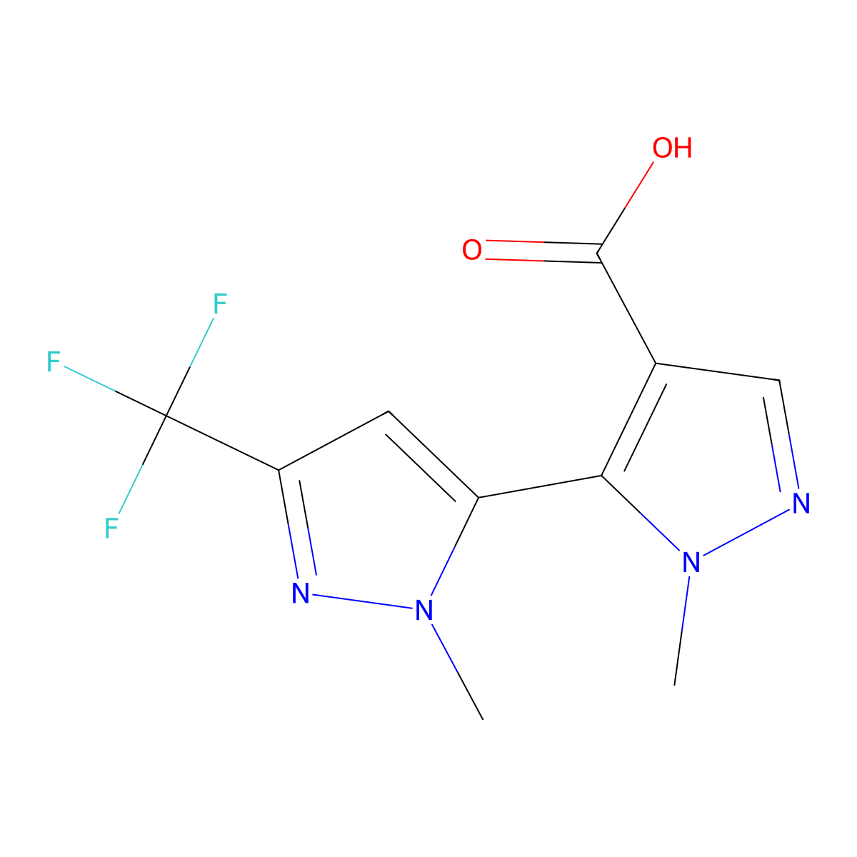 1-methyl-5-[1-methyl-3-(trifluoromethyl)-1H-pyrazol-5-yl]-1H-pyrazole-4-carboxylic acid molecular structure, CAS 2228252-15-9