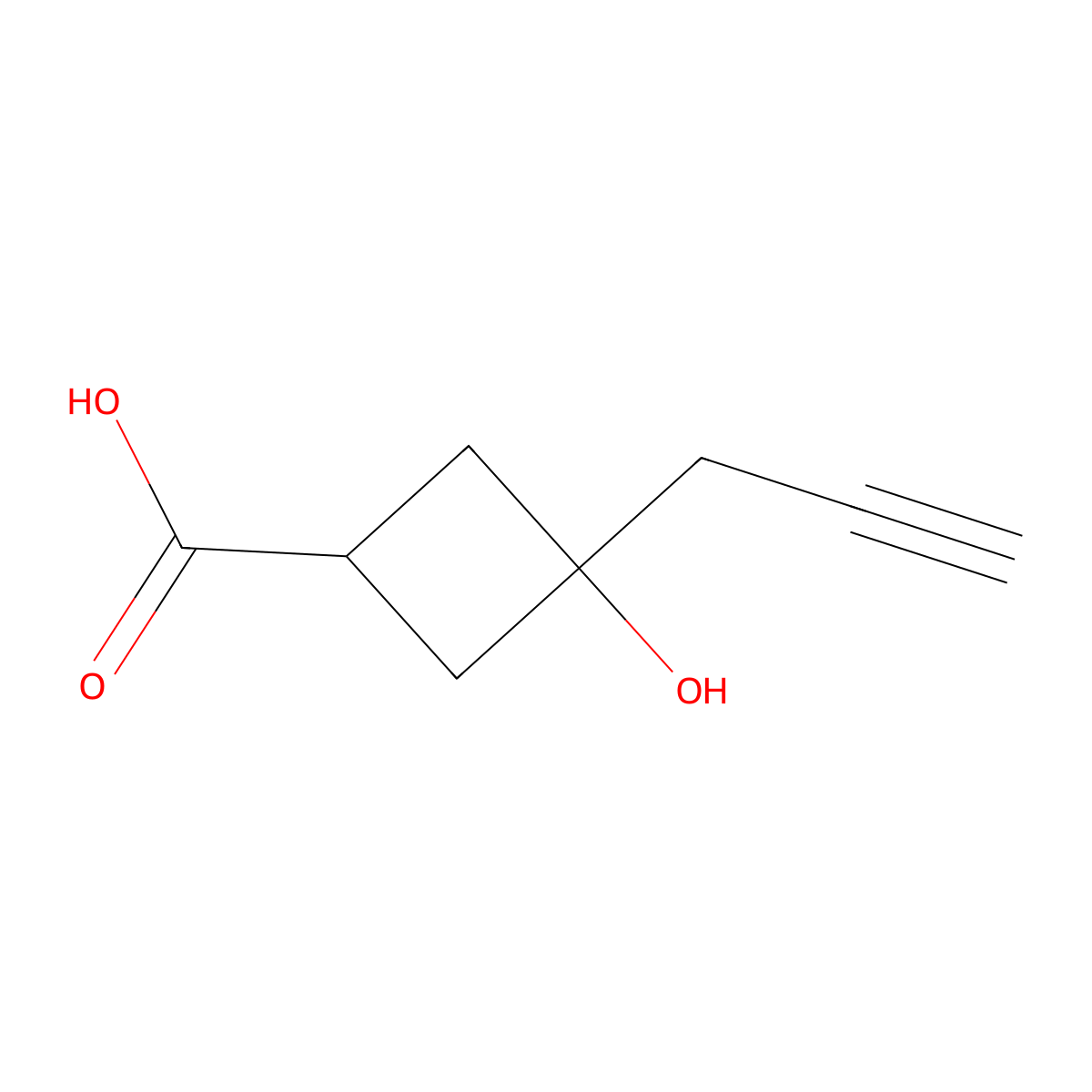 Rac-(1s,3s)-3-hydroxy-3-(prop-2-yn-1-yl)cyclobutane-1-carboxylic acid molecular structure, CAS 2228299-91-8