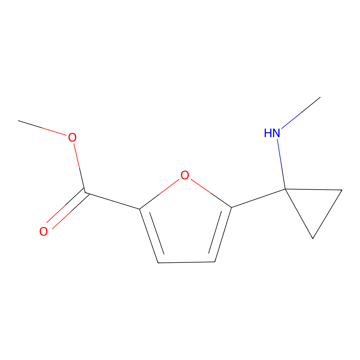 Methyl 5-[1-(methylamino)cyclopropyl]furan-2-carboxylate molecular structure, CAS 2228301-16-2