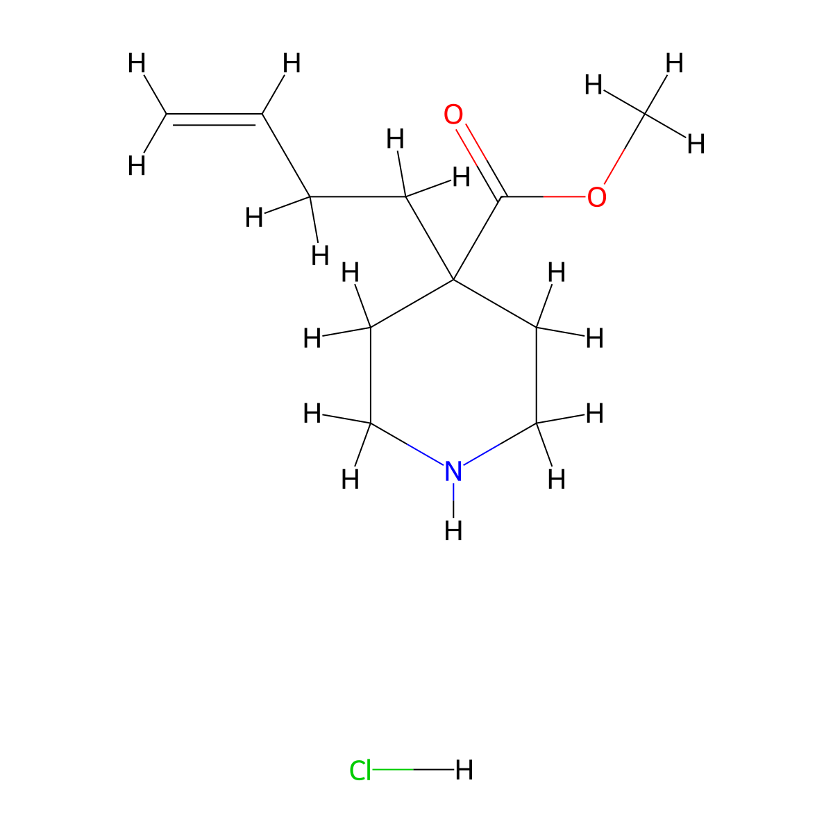Methyl 4-(but-3-en-1-yl)piperidine-4-carboxylate hydrochloride molecular structure, CAS 2228301-36-6