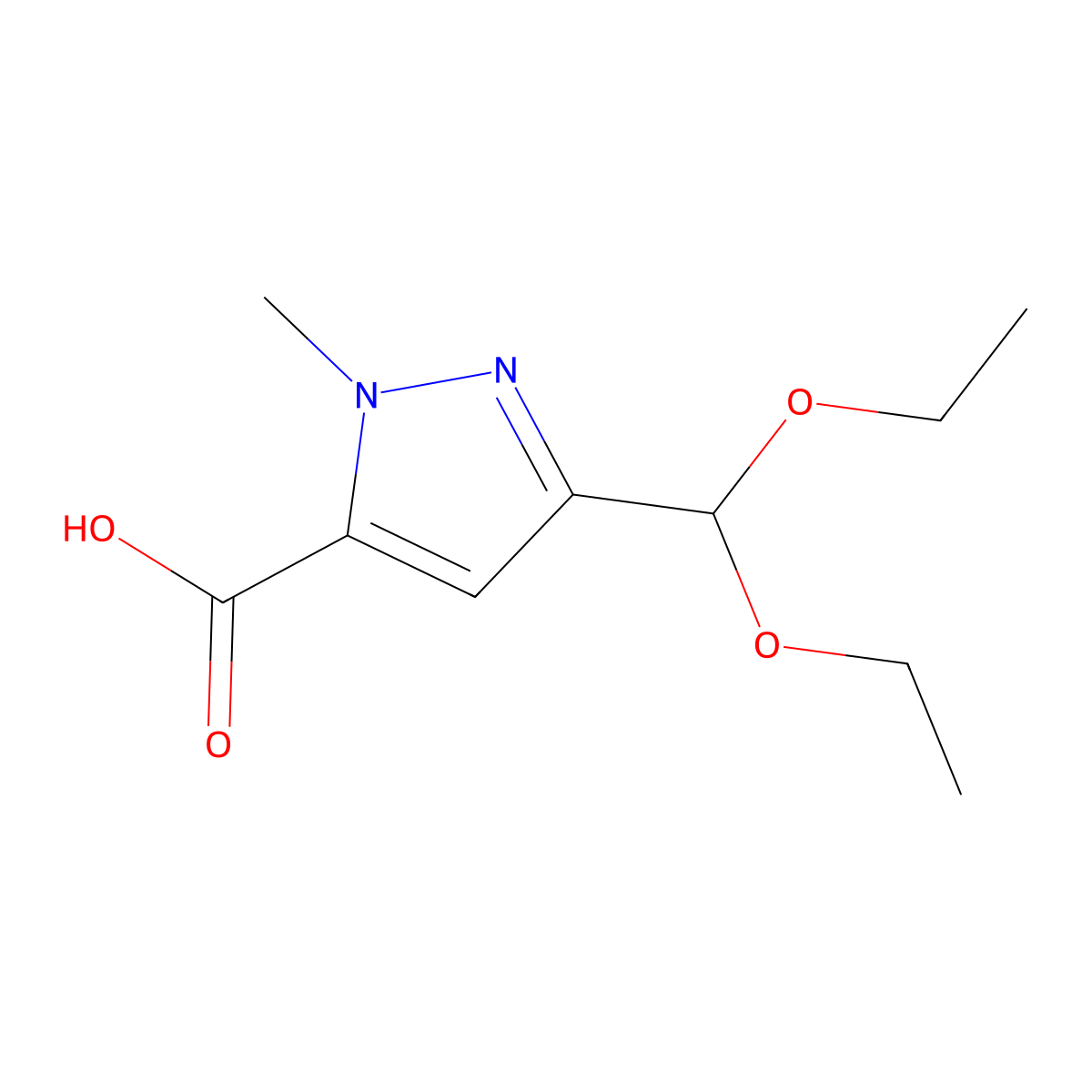 3-(diethoxymethyl)-1-methyl-1H-pyrazole-5-carboxylic acid molecular structure, CAS 2228301-61-7
