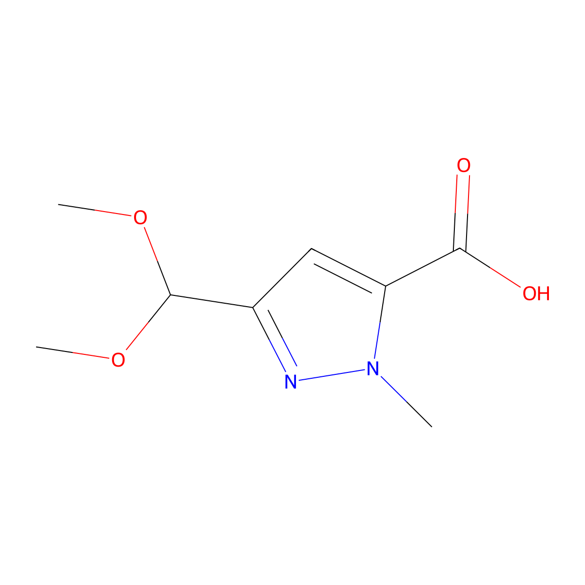 3-(dimethoxymethyl)-1-methyl-1H-pyrazole-5-carboxylic acid molecular structure, CAS 2228313-03-7