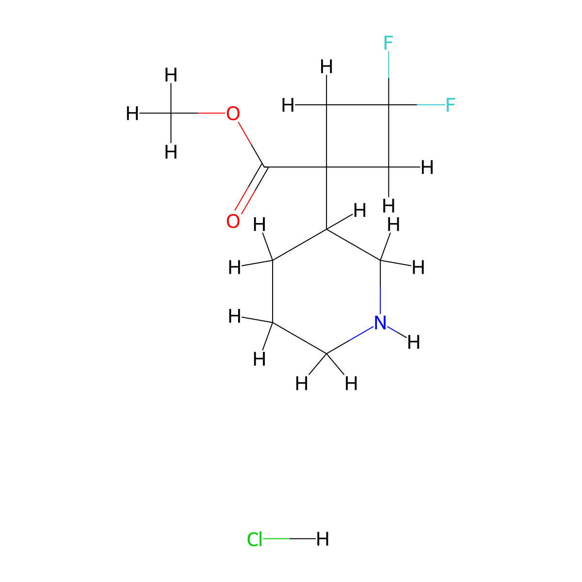 Methyl 3,3-difluoro-1-(piperidin-3-yl)cyclobutane-1-carboxylate hydrochloride molecular structure, CAS 2228334-88-9