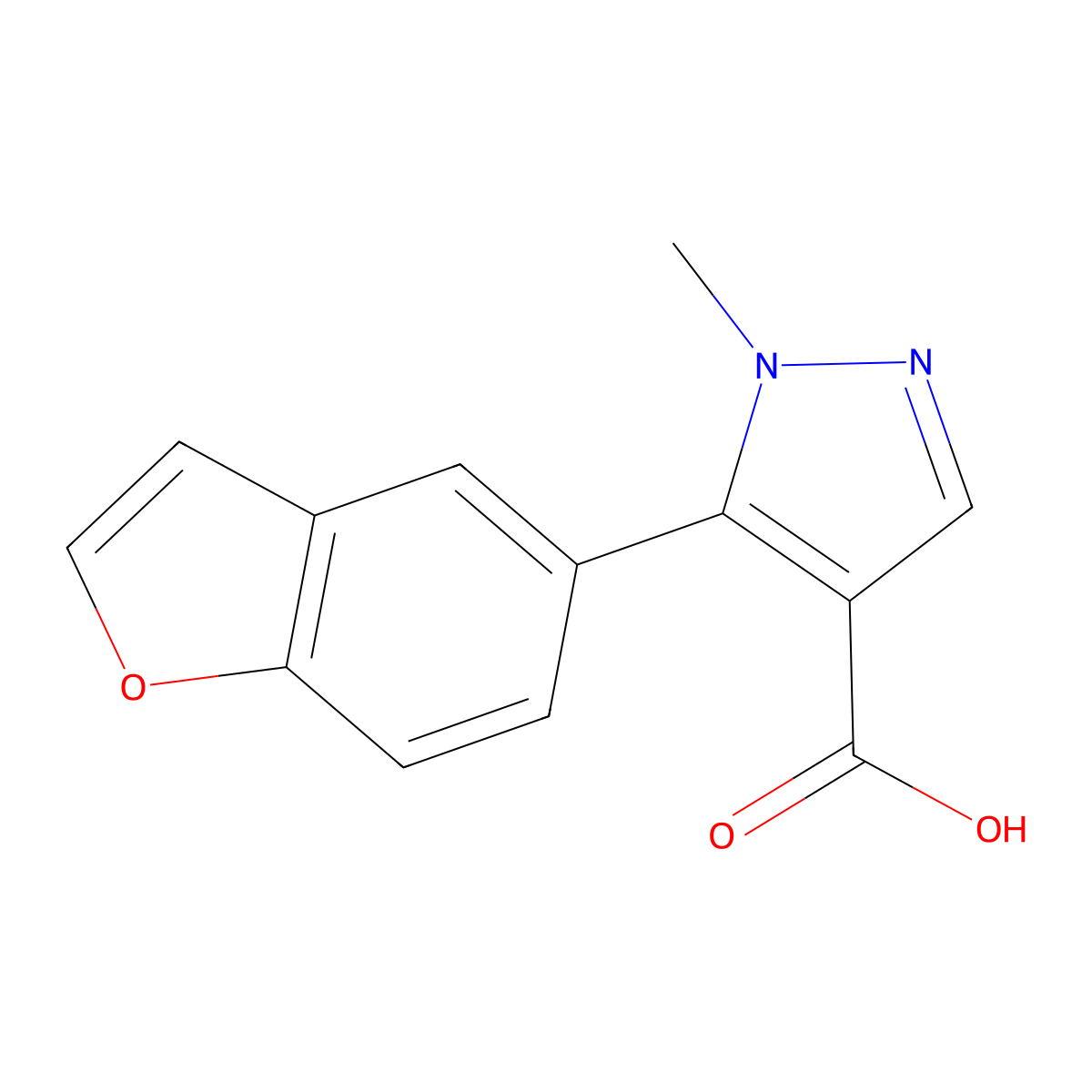 5-(1-benzofuran-5-yl)-1-methyl-1H-pyrazole-4-carboxylic acid molecular structure, CAS 2228335-88-2