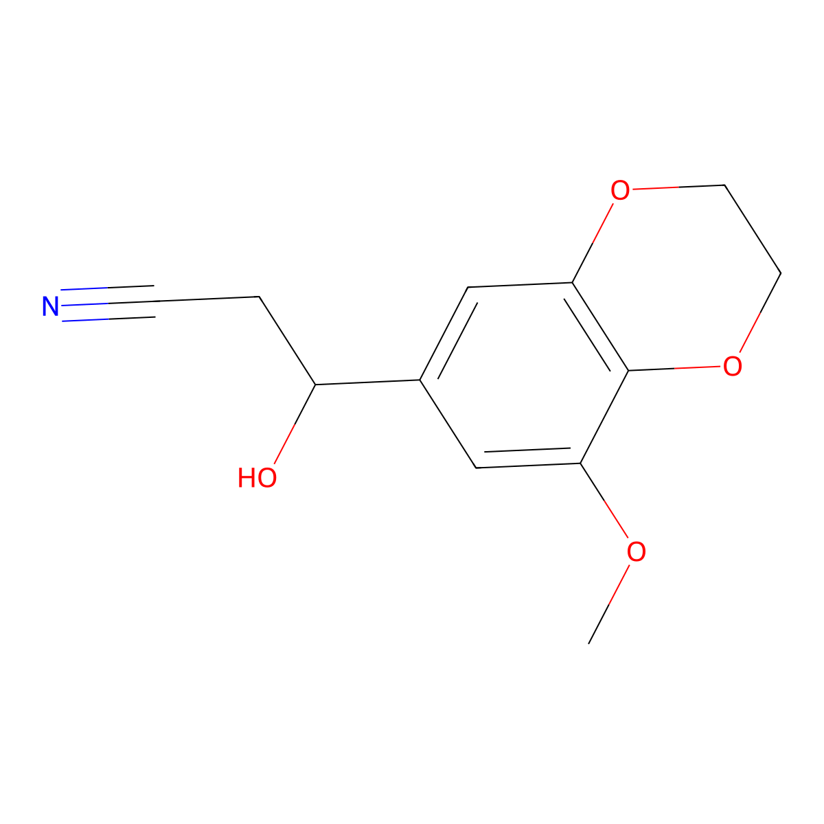 3-Hydroxy-3-(8-methoxy-2,3-dihydro-1,4-benzodioxin-6-yl)propanenitrile molecular structure, CAS 2228382-21-4