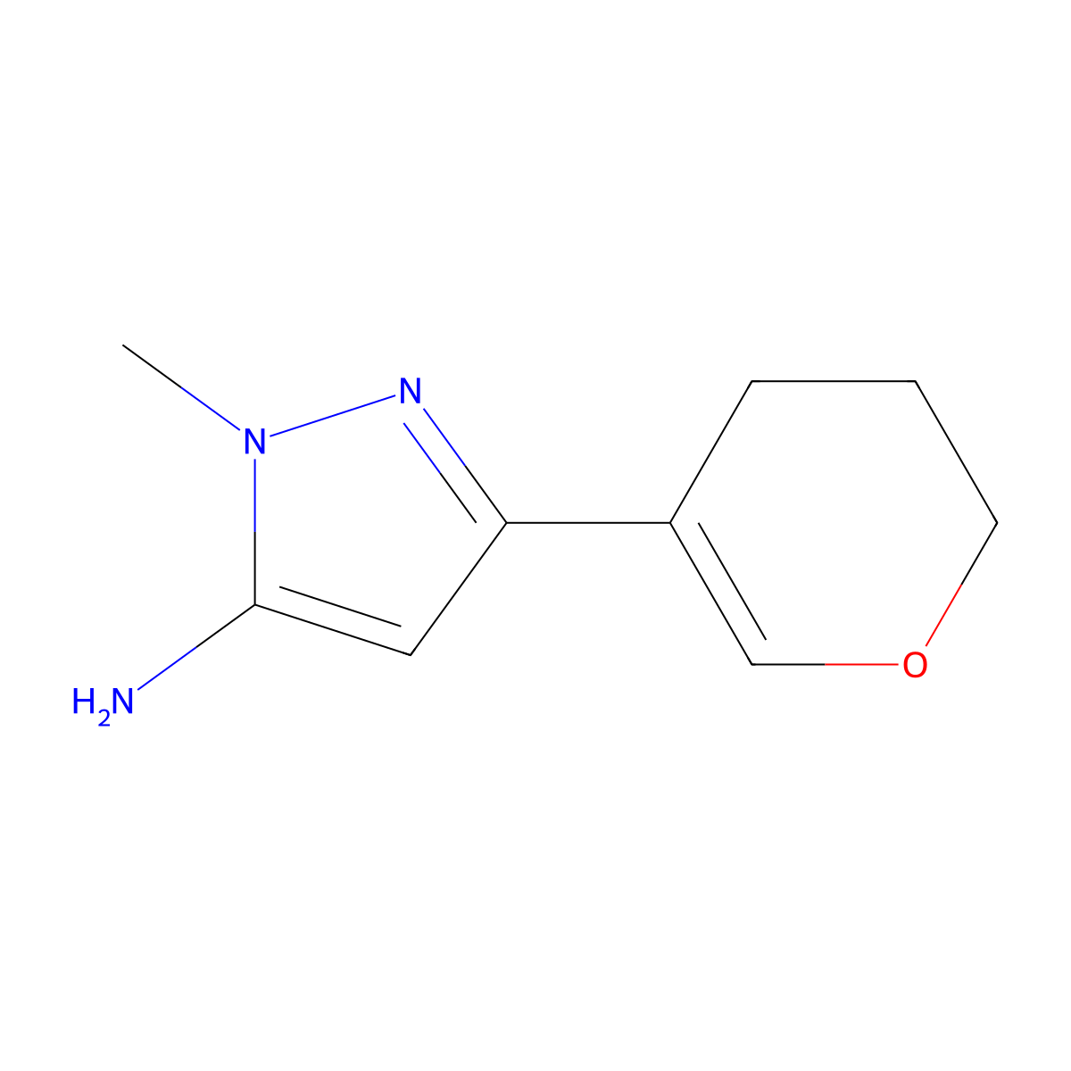 3-(3,4-dihydro-2H-pyran-5-yl)-1-methyl-1H-pyrazol-5-amine molecular structure, CAS 2228391-99-7