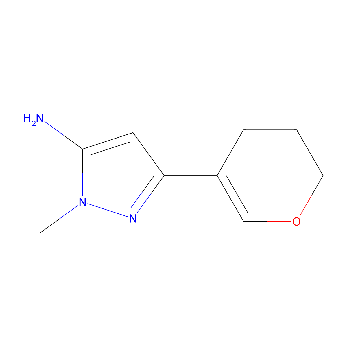 3-(3,4-dihydro-2H-pyran-5-yl)-1-methyl-1H-pyrazol-5-amine molecular structure, CAS 2228391-99-7